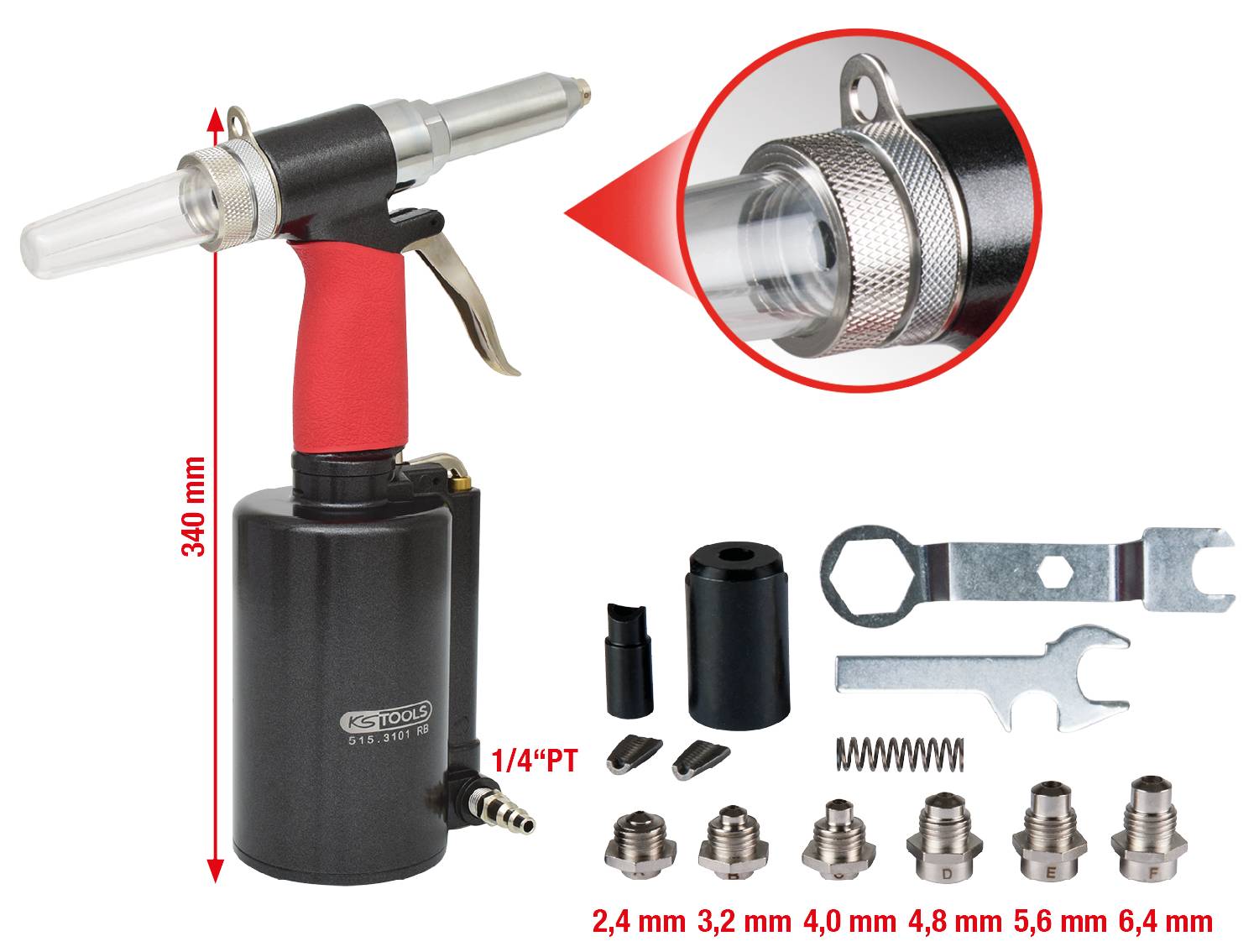 'Druckluft-Hefter, 340 mm hoch, mit Zubehör: verschiedene Düsen, Werkzeug und Schnellanschluss. Ideal für industrielle Anwendungen.'