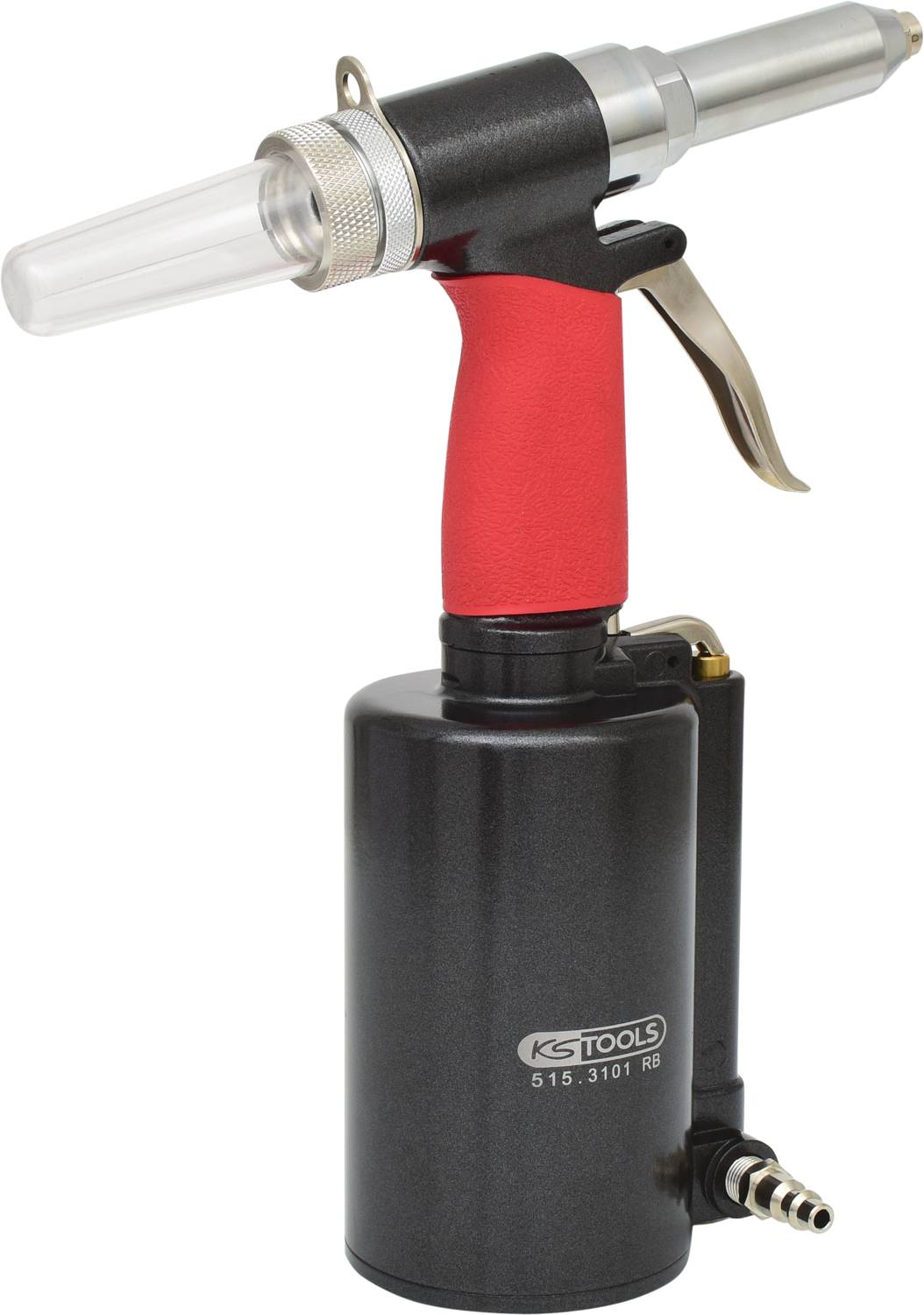 Druckluftbetriebene Vakuumpumpe mit rotem Griff und schwarzem Gehäuse, verwendet für Flüssigkeitsentfernung in Werkstätten.