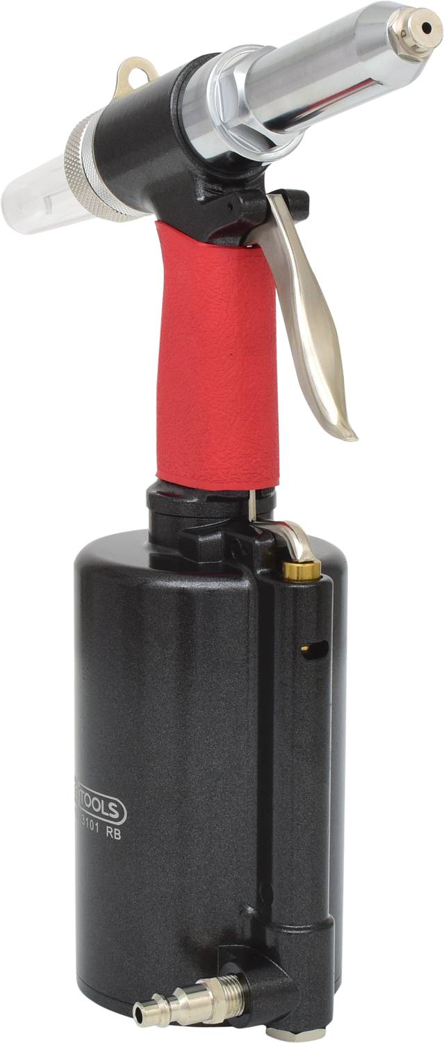 Ein schwarzes und rotes pneumatisches Werkzeug mit langem Griff und Metallhebel, verwendet zum Befestigen von Nieten in verschiedenen Materialien.