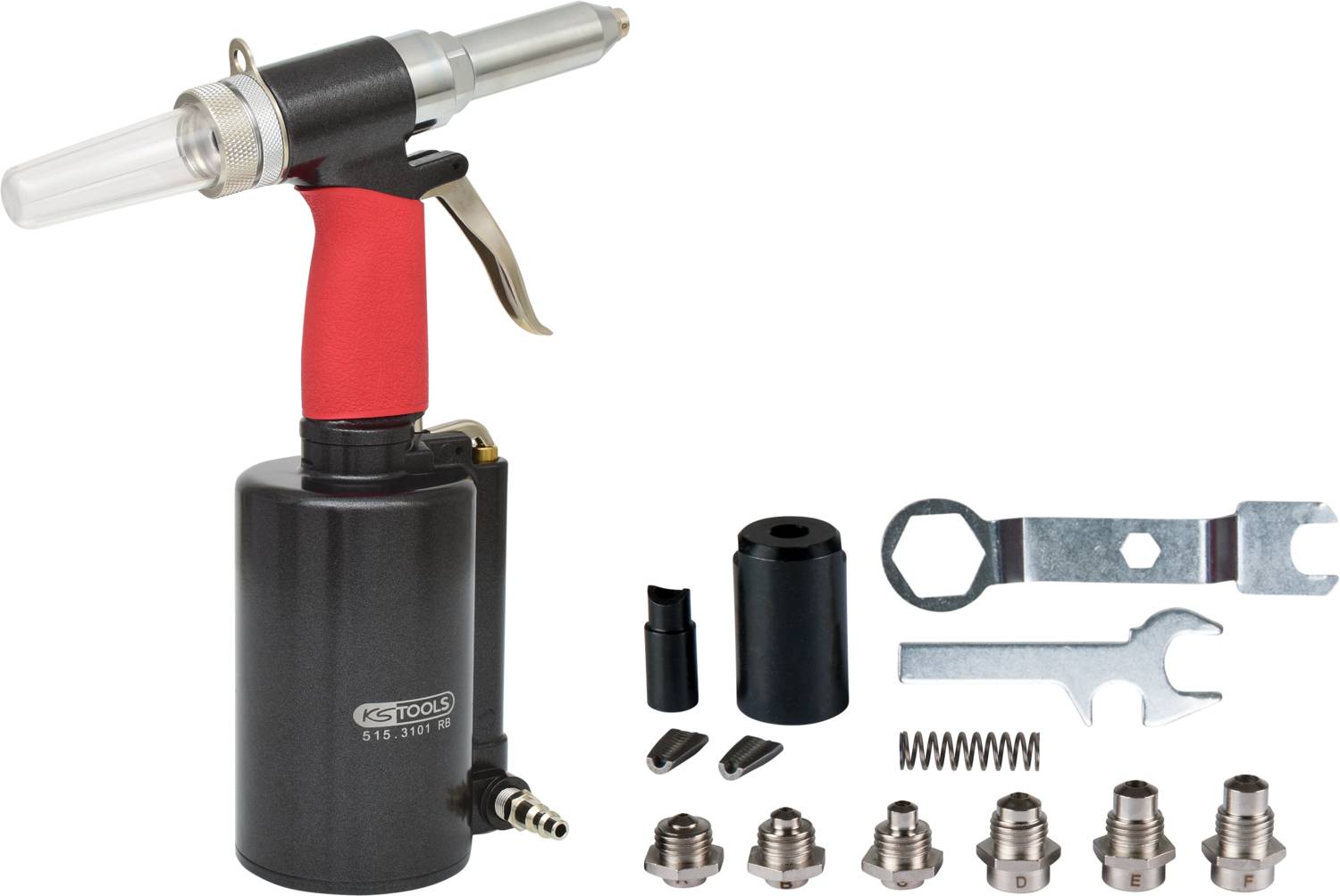Druckluft-Blindnietgerät und Zubehörteile wie Düsen, Schlüssel und Ersatzteile auf weißem Hintergrund; Werkzeug für Befestigungsarbeiten.