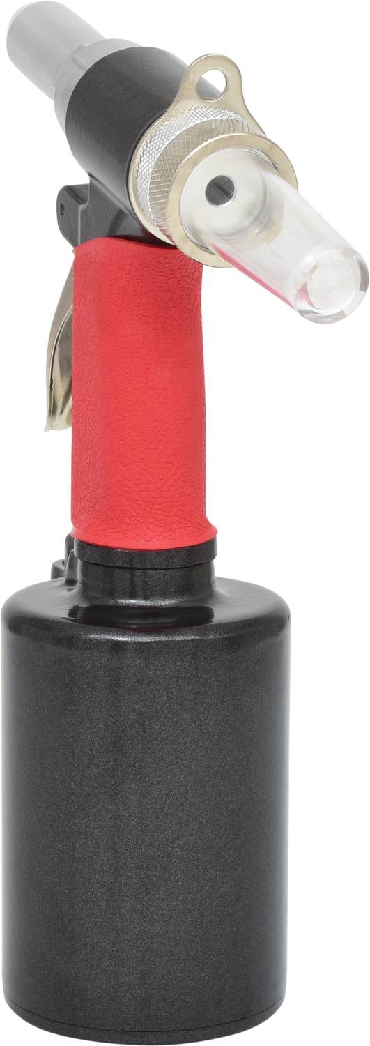 Schwarzer Handbrenner mit rotem Griff und Metallspitze, aufrecht stehend, vor einem weißen Hintergrund.