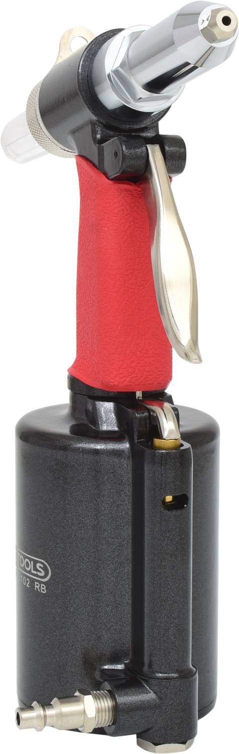Luftdruck-Nietgerät mit rotem Griff, schwarzem Gehäuse und silbernem Auslöser. Verwendet zur Befestigung von Nieten in Materialien.