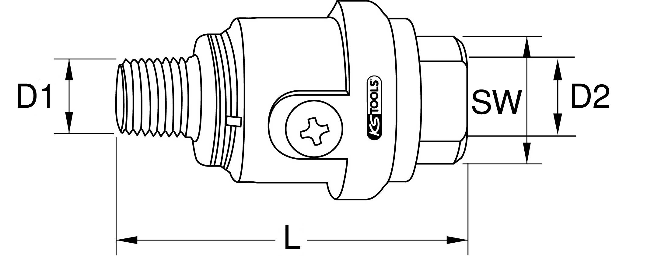 Diagramm eines Gewindeadapters mit den Maßen: Außendurchmesser (D1), Innendurchmesser (D2), Schlüsselweite (SW) und Länge (L).