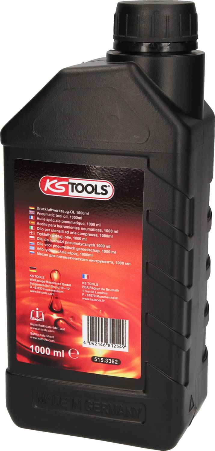 Schwarze 1-Liter-Flasche Motoröl von KS Tools mit rotem Etikett, das verschiedene Informationen zu Produkt und Anwendung zeigt.