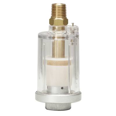 Zylindrischer Luftfilter mit transparentem Gehäuse, Metallgewinde oben und Kappe unten. Filtereinsatz im Inneren sichtbar.