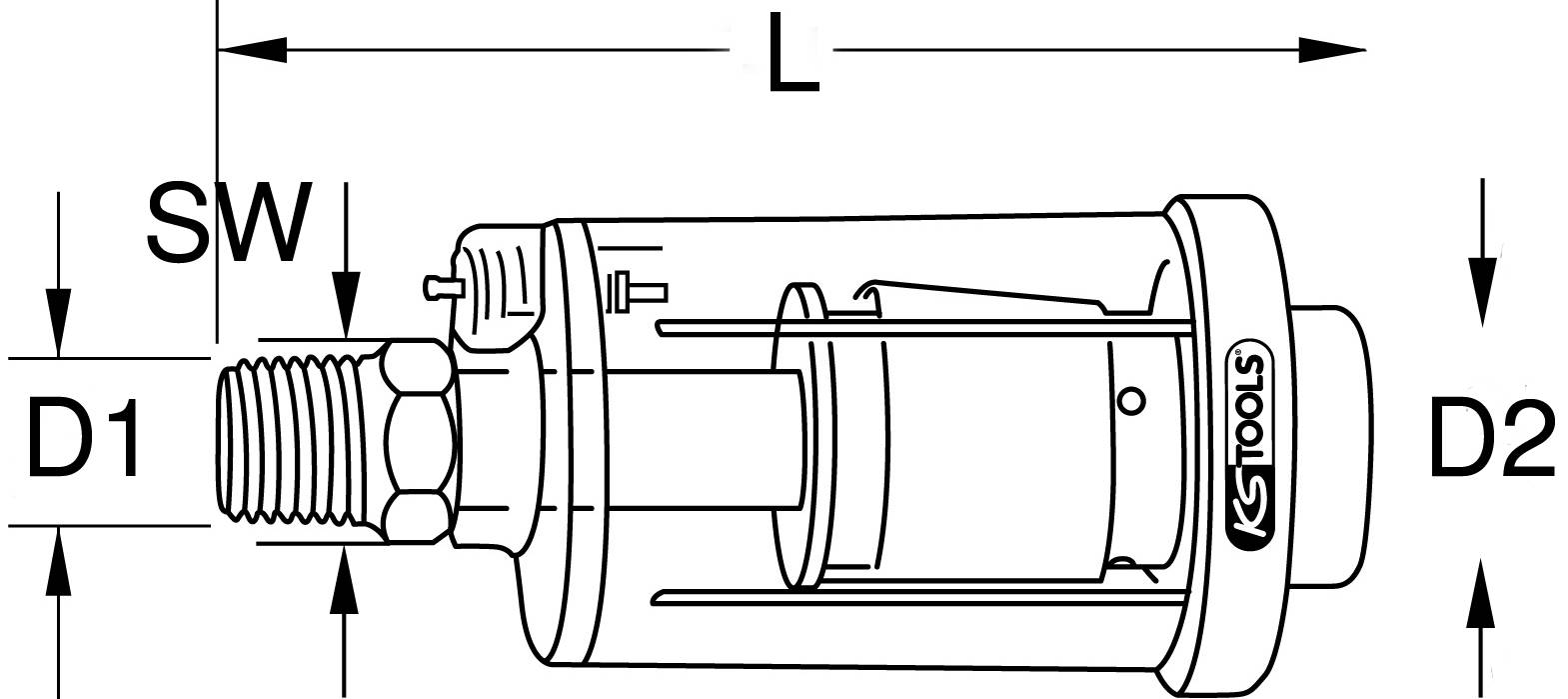 Technische Zeichnung eines Zylinders mit Maßen: Länge (L), Durchmesser (D1, D2) und Schlüsselweite (SW), mit KS Tools-Logo.