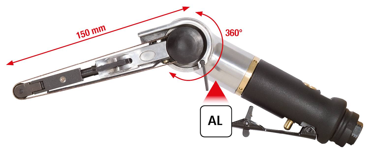 Ein pneumatischer Winkelschlagschrauber mit einem drehbaren Kopf um 360 Grad und einer Länge von 150 mm; geeignet für enge Räume.