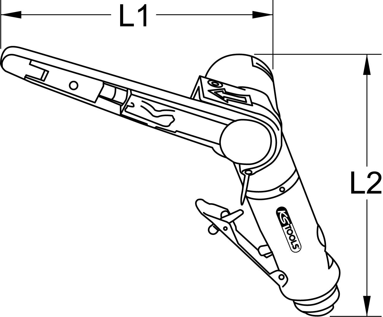 Technische Zeichnung eines pneumatischen Bandschleifers mit den Abmessungen L1 und L2, mit Ansicht der Hauptkomponenten.