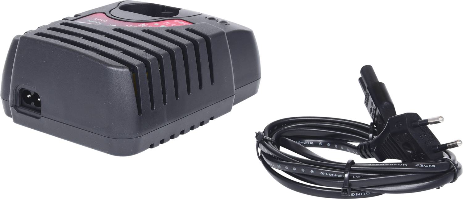 Schwarzes elektrisches Ladegerät mit Lüftungsschlitzen und einem verbundenen Netzkabel mit zweipoligem Stecker.