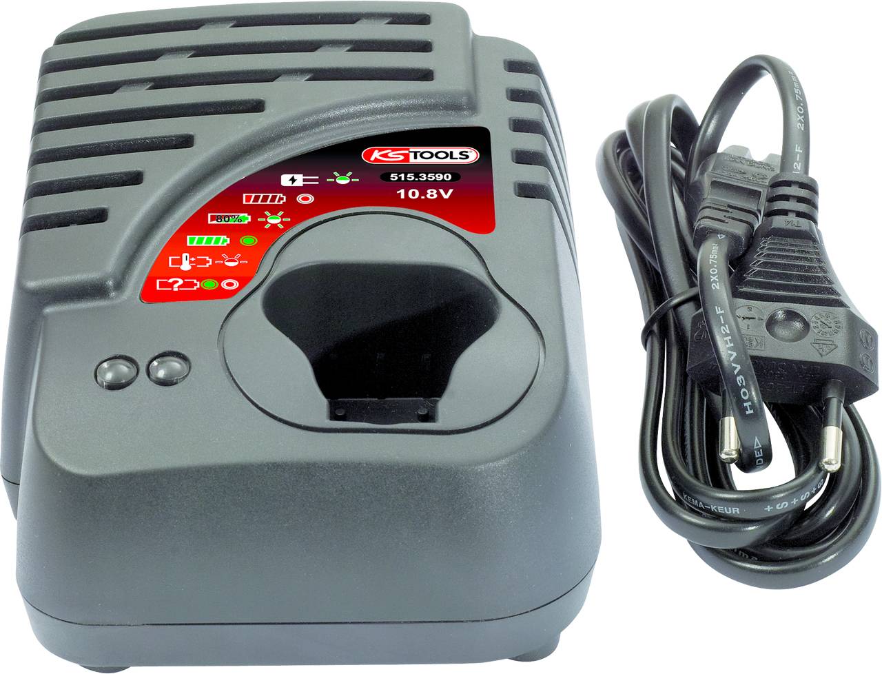 Akkuladegerät mit Gehäuse aus grauem Kunststoff und schwarzem Stromkabel. Passend für 10,8 Volt Akkuwerkzeuge.