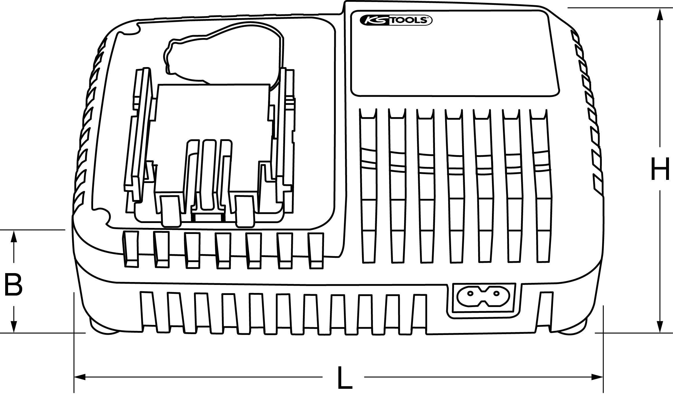 Illustration eines KS-Tools-Ladegeräts mit Markierungen der Breite (B), Höhe (H) und Länge (L).