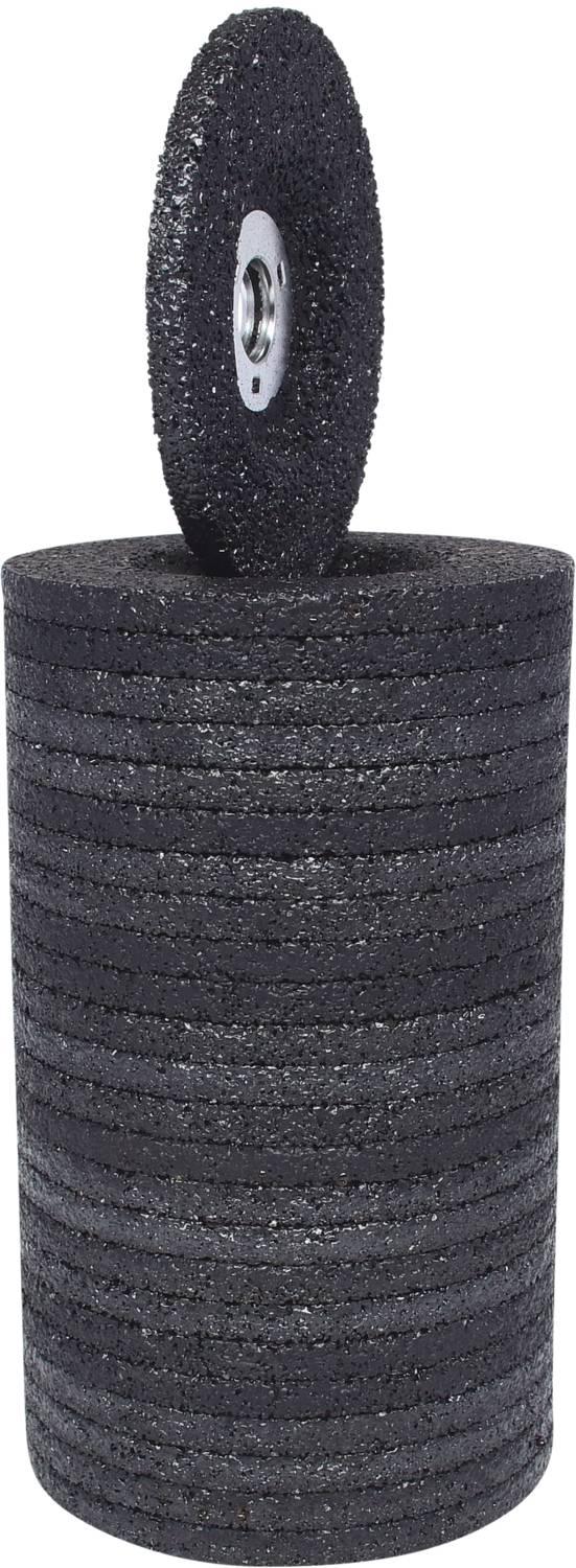 Ein zylindrischer Schleifblock mit einer rotierenden Scheibe oben. Beide Teile sind schwarz und haben eine raue Oberfläche für Schleifarbeiten.
