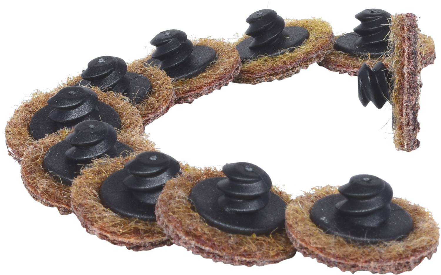 Zehn runde Möbelgleiter mit brauner Filzunterseite und schwarzem Kunststoffoberteil in einer C-Form angeordnet.