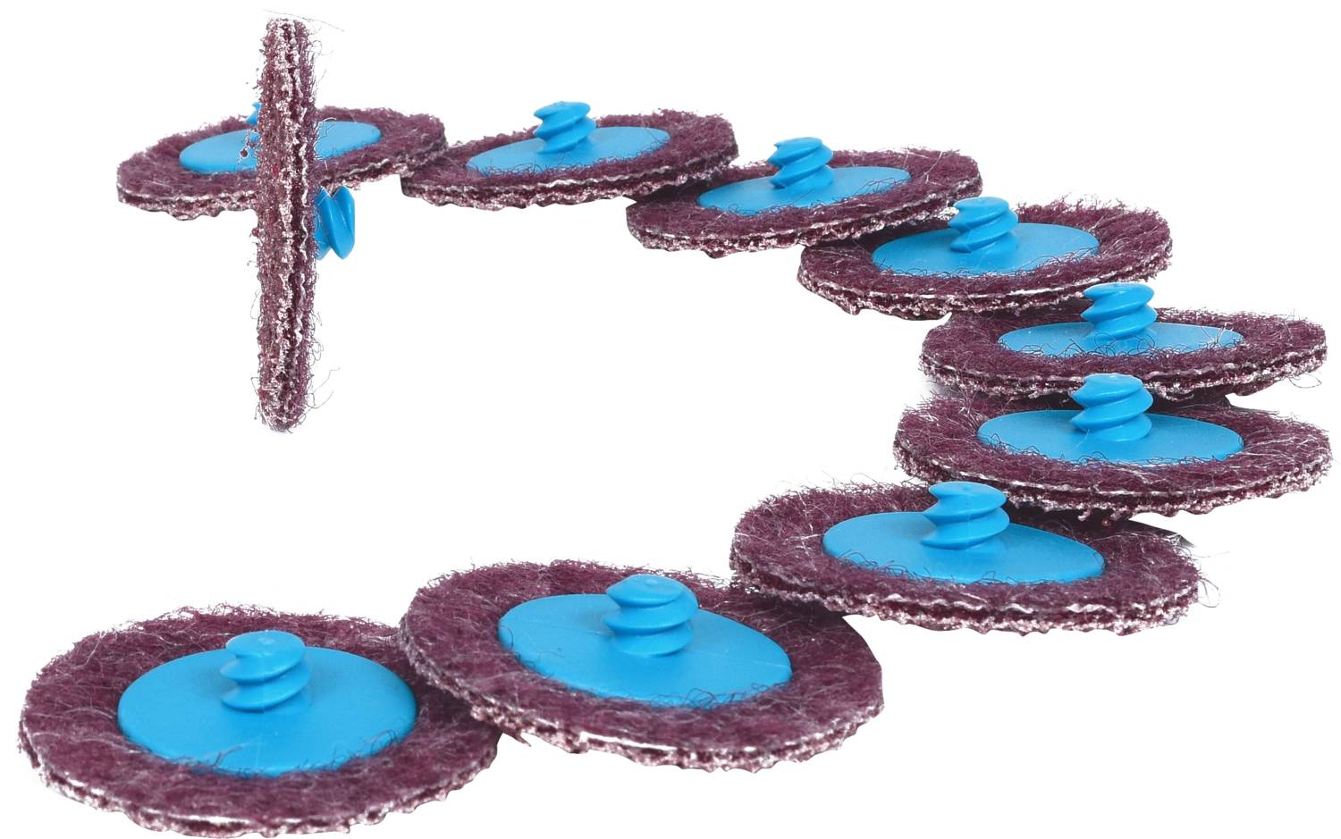 Zehn rotierende Schleifscheiben in einer Spirale, jede mit einer blauen Befestigung in der Mitte.