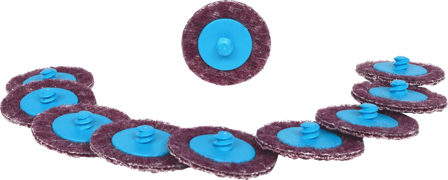 Schleifscheiben in einer halbkreisförmigen Anordnung mit blauen Mittelnaben, zentrierte Scheibe oben.