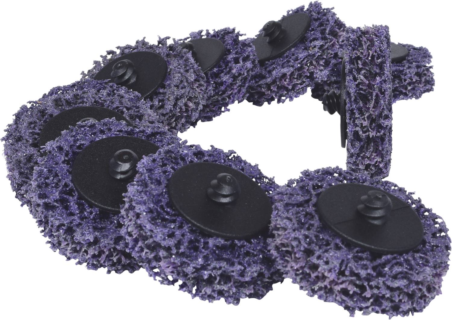 Eine Reihe von lila Schleifscheiben mit schwarzen Befestigungen. Geeignet für das Entfernen von Rost und Farbe auf Metalloberflächen.