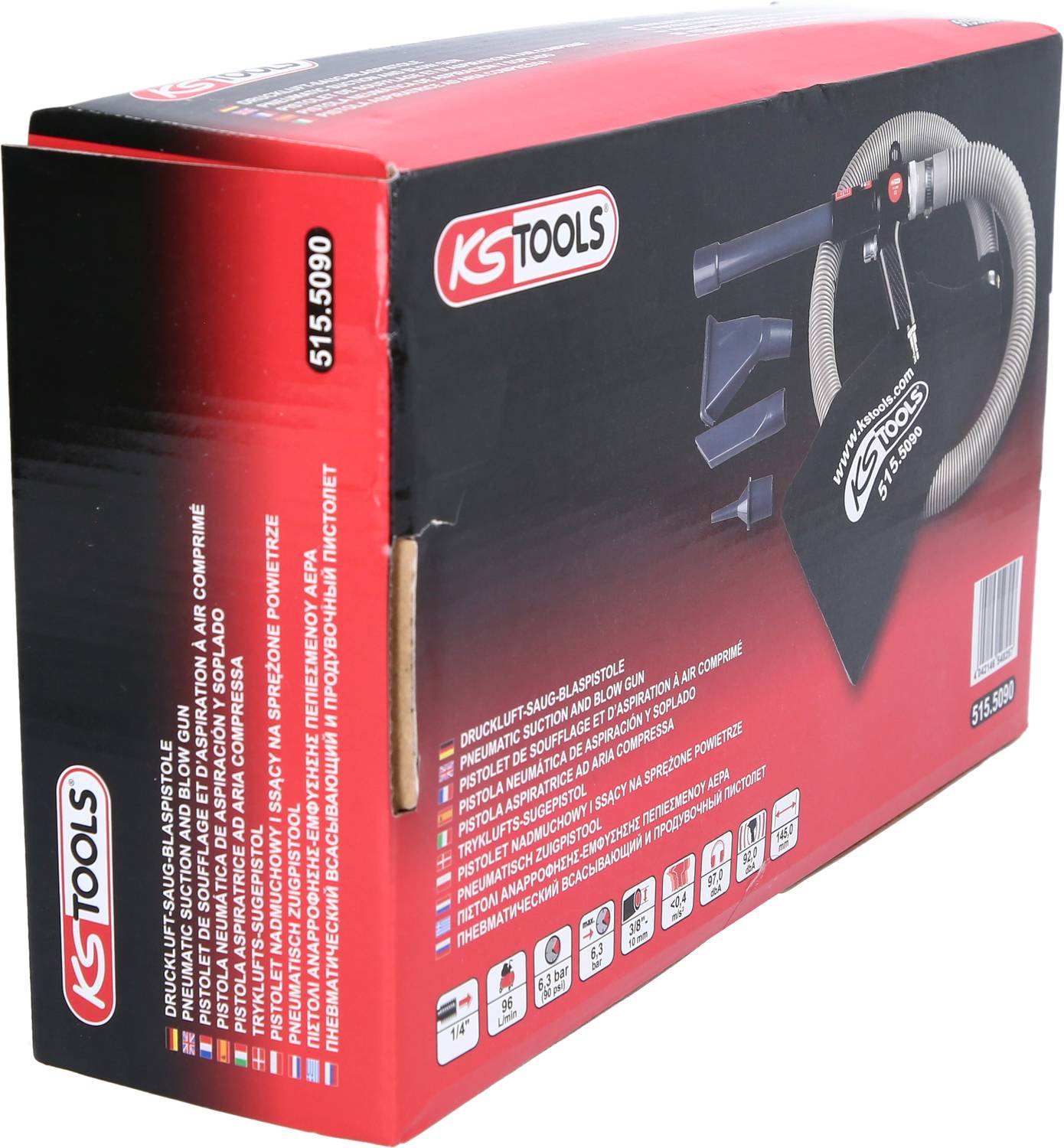 Verpackung eines KS Tools Werkstattstaubsaugers, mit Abbildungen des Geräts und Zubehörs. Enthält verschiedene Sprachtexte zur Produktbeschreibung.