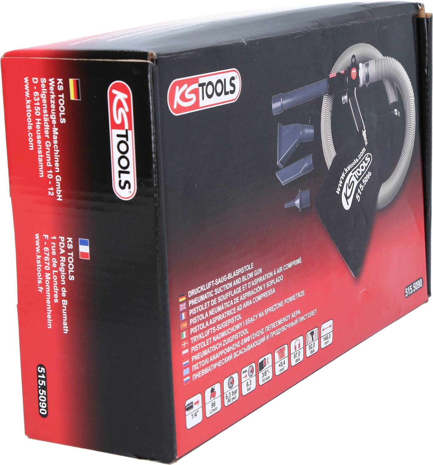 'KS Tools' Box mit pneumatischem Staubsauger, Zubehör abgebildet. Enthält Details zur Adresse des Herstellers und Kundenservice.