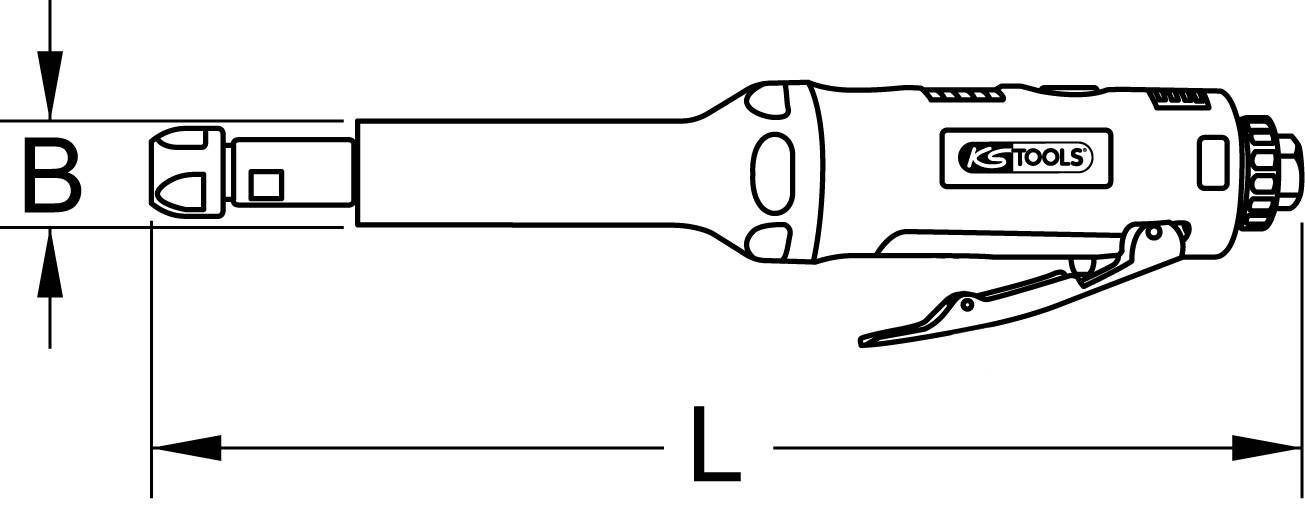 'Zeichnung eines KS Tools Druckluft-Ratschenschraubers mit Maßen B und L an der Seite.'