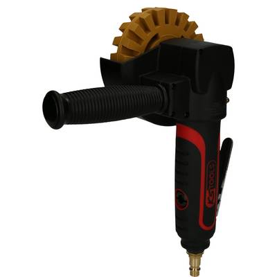 Ein elektrisches Schleifwerkzeug mit einem strukturierten, braunen Schleifkopf und rotem Griff. Geeignet für präzises Arbeiten.
