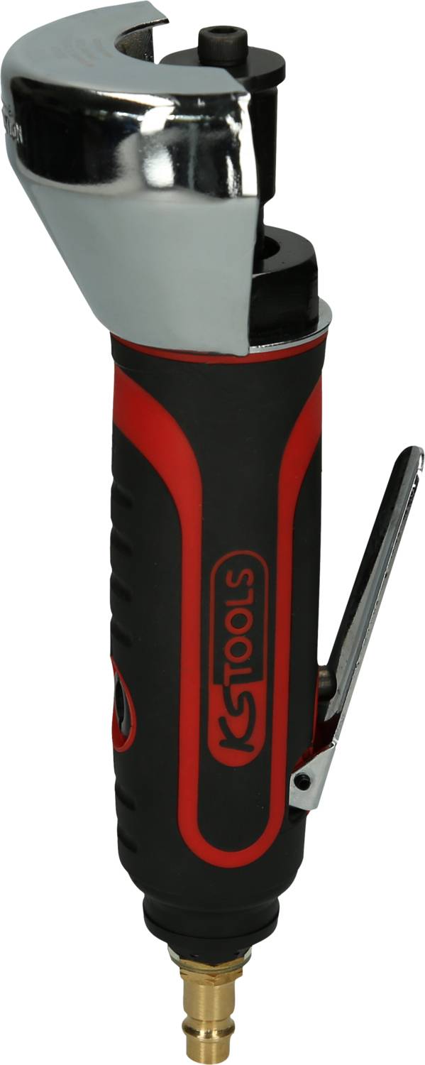 Ein rot-schwarzes Druckluftwerkzeug mit ergonomischem Griff, Hebel für Bedienung und silbernem Kopf zur Befestigung von Nüssen.