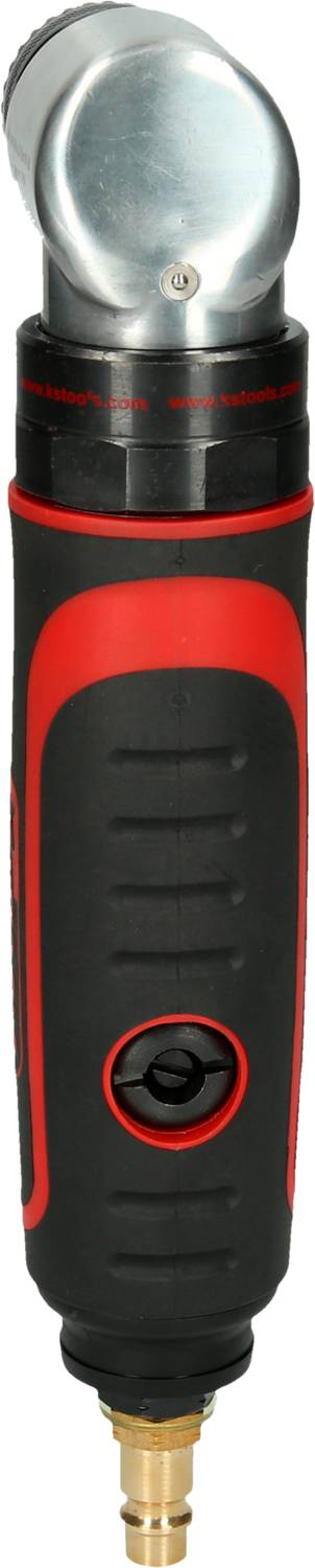 Ein pneumatischer Winkelschrauber mit ergonomischem Griff in Schwarz und Rot. Oberhalb des Griffs befindet sich ein drehbarer metallischer Kopf.