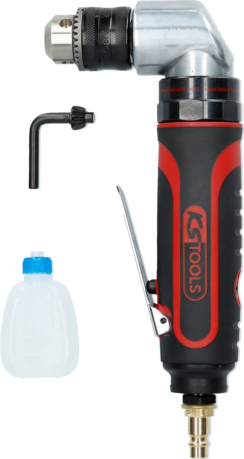 'Druckluft-Winkelbohrmaschine mit rotem Griff, L-förmiger Inbusschlüssel und kleiner Ölflasche. Markenlogo auf der Bohrmaschine.'