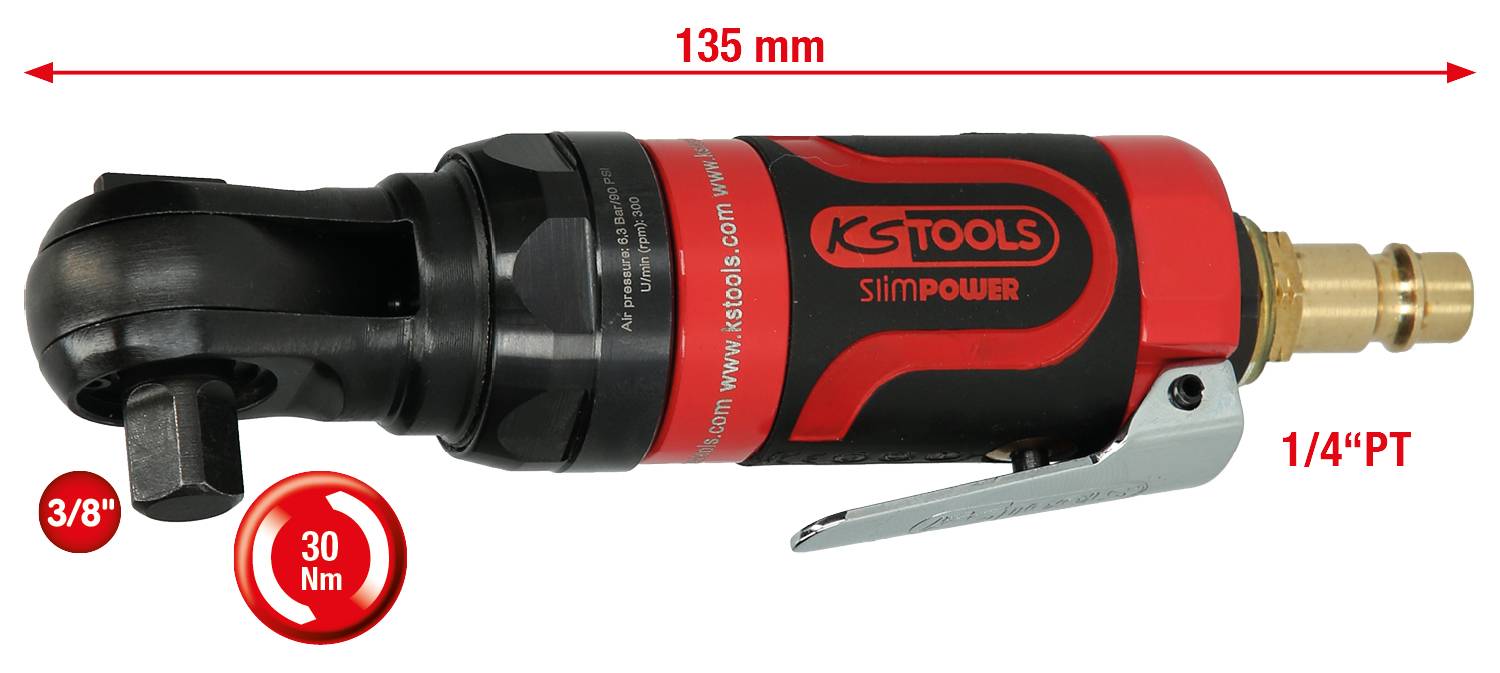 Druckluftknarre 1/4", 135 mm lang, Marke 'KS Tools'. Drehmoment 30 Nm. 3/8"-Adapter. Kompakte Bauweise, primär für enge Räume konzipiert.