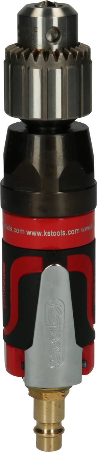 Ein roter Druckluftbohrschrauber mit robustem Metallbohrfutter und seitlichem Aufdruck der Website 'www.kstools.com'. Ideal für präzise Bohrarbeiten.