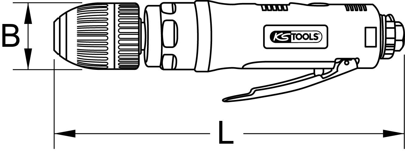 Schwarz-weiß Diagramm eines KS Tools Druckluft-Schraubers. Gezeigt sind Länge (L) und Breite (B) des Geräts.