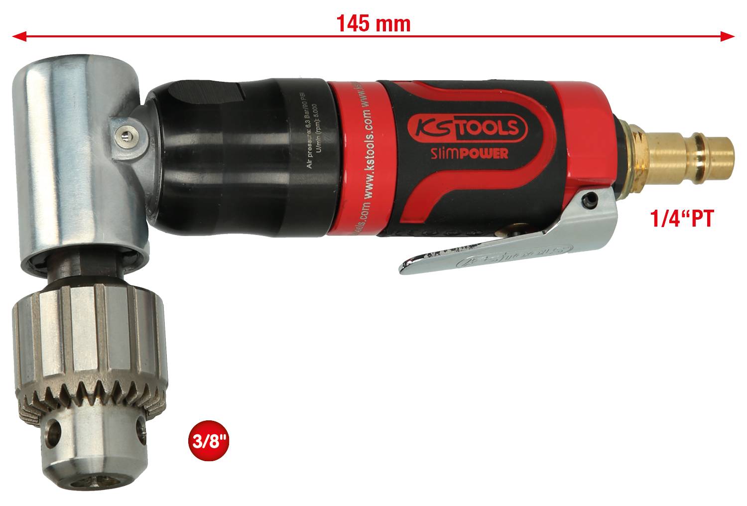 'KS Tools Slimpower' Winkelbohrmaschine, Länge 145 mm, 3/8 Zoll Bohrfutter, 1/4 Zoll-PT Anschluss.