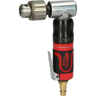 Druckluft-Winkelbohrmaschine, grau-schwarz-rot, mit Metallbohrfutter und Hebel, Marke KS Tools, auf weißem Hintergrund.
