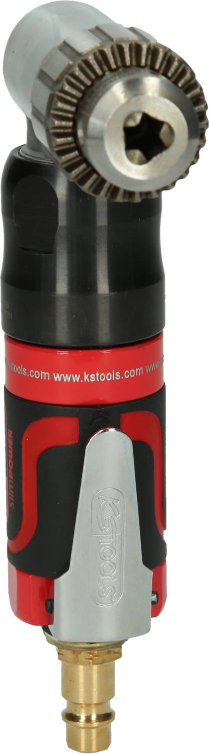 Druckluft-Winkelschrauber mit ergonomischem Griff und rotem Gehäuse. Verfügt über eine Schnellspannbohrfutter und Luftanschluss. Geeignet für enge Räume.