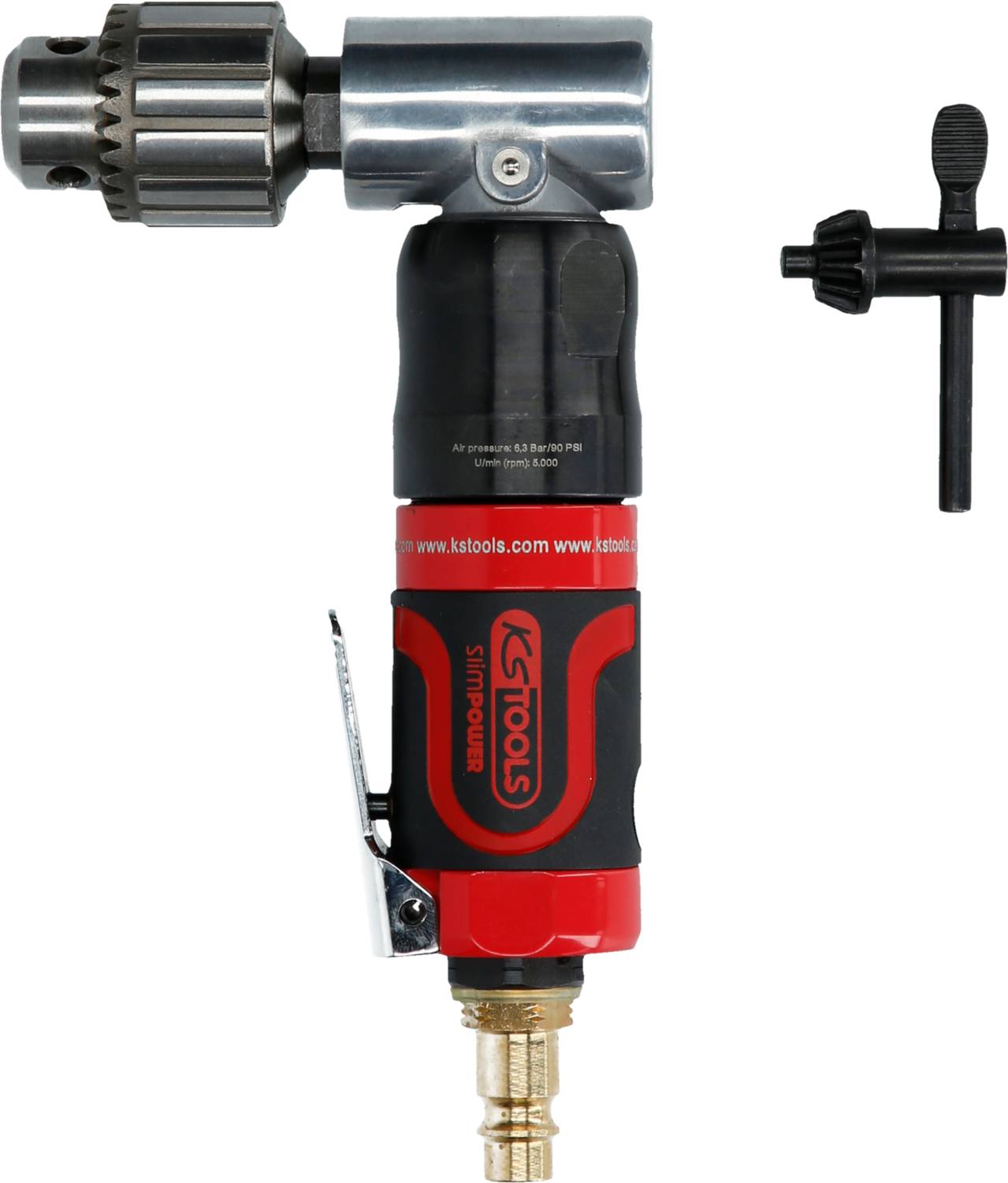Druckluft-Winkelbohrmaschine von KS Tools mit rotem und schwarzem Gehäuse, inklusive Spannfutterschlüssel.
