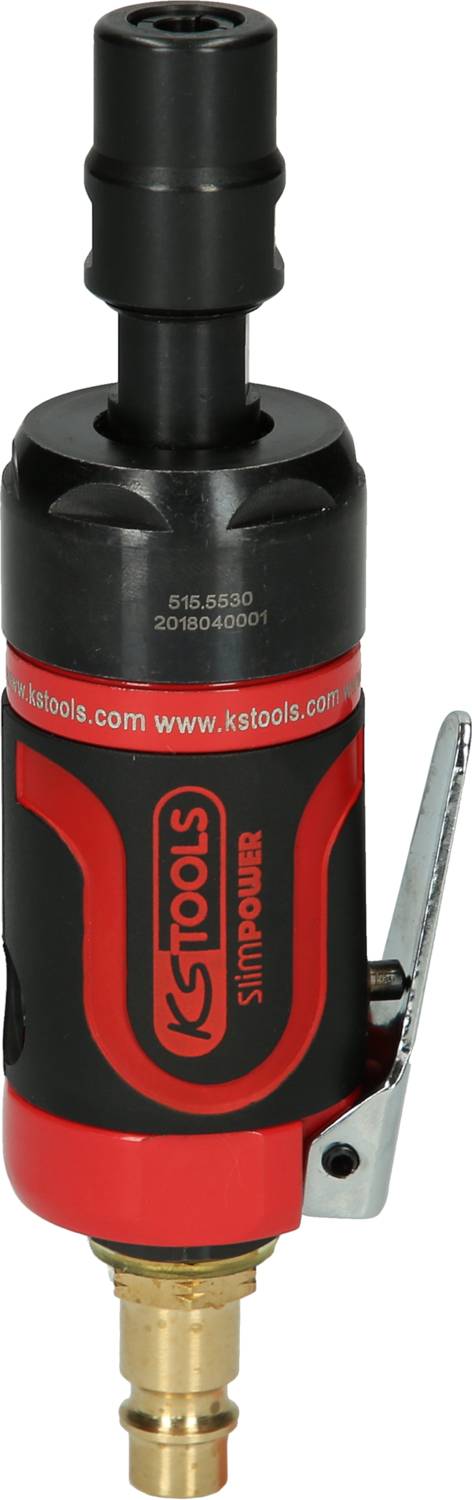 'Roter und schwarzer Druckluft-Schleifer mit Hebel zur Steuerung. Aufschrift auf dem Gerät: KS Tools SIMPOWER.'