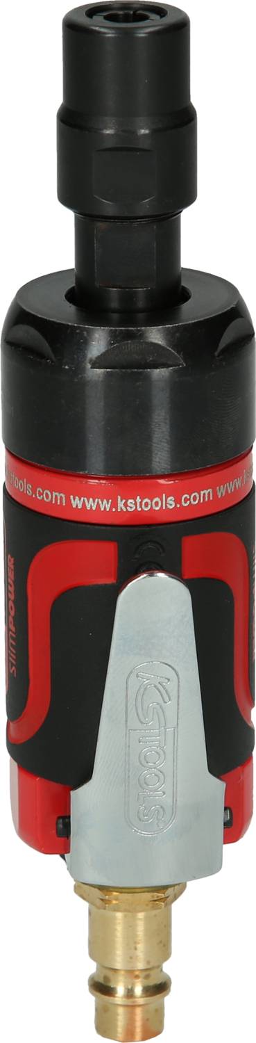 Druckluft-Werkzeug mit rotem und schwarzem Gehäuse, Anschlussstück unten aus Metall, oben schwarzes Mundstück.