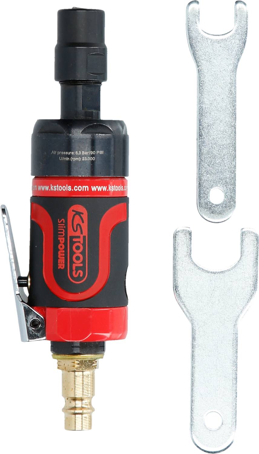 'Druckluft-Schleifer in Schwarz und Rot mit zwei silbernen Schraubenschlüsseln. Produkt von KS Tools.'