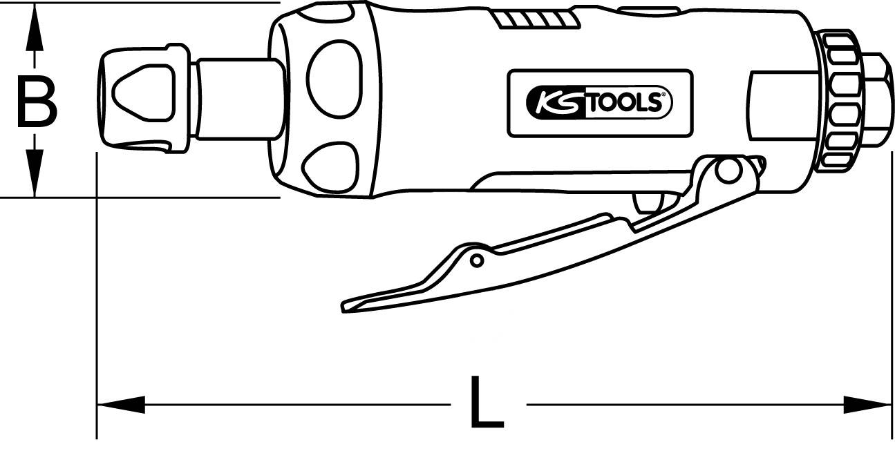 Pneumatischer Winkelschleifer von KS Tools, zeigt Maßangaben 'L' und 'B'. Werkzeug mit Abzughebel, für präzise Schleifarbeiten.