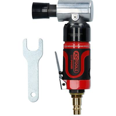 Druckluft-Winkelschleifer von KS Tools in Rot und Schwarz mit einem silbernen Schraubenschlüssel daneben.