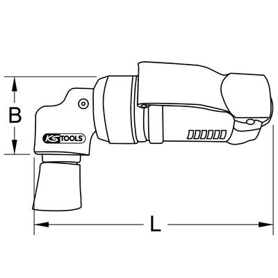 Illustration eines pneumatischen Winkelschraubers mit dem Logo 'KS Tools'. Seitliche Ansicht zeigt die Abmessungen L und B.