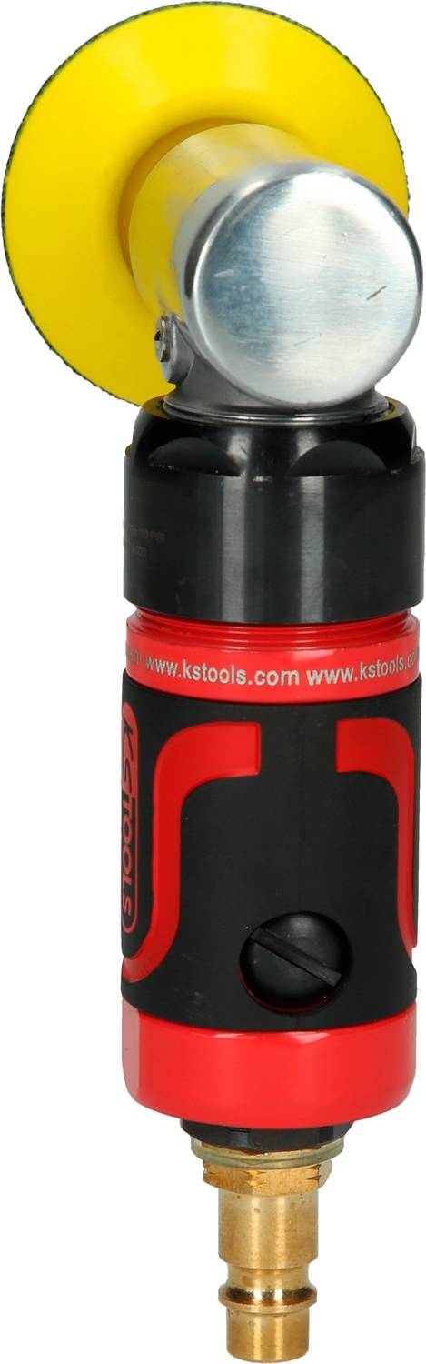 Druckluft-Exzenterschleifer in Rot und Schwarz mit gelbem Schleifteller, metallischer Kopf und Anschluss unten, von KS Tools.