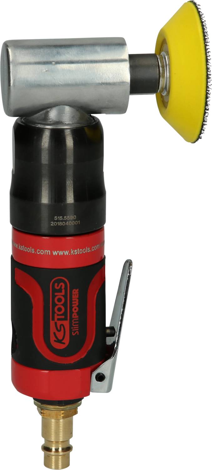 Druckluft-Winkelschleifer mit rotem und schwarzem Design, gelbem Polieraufsatz und Metallelementen. 