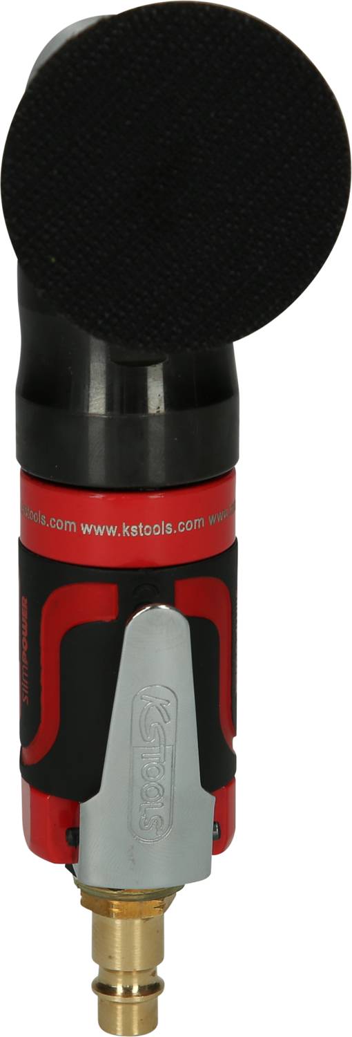 Ein elektrisch betriebenes Werkzeug mit rotem und schwarzem Gehäuse, vermutlich ein Schleifgerät, ausgestattet mit einem runden, flachen Schleifkopf.