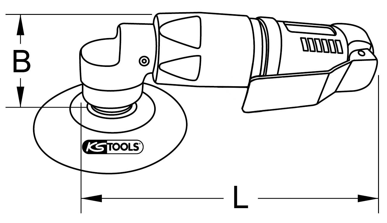 Bild einer technischen Zeichnung eines Winkelschleifers mit den Maßen B und L. KS Tools Logo auf der Schleifscheibe.