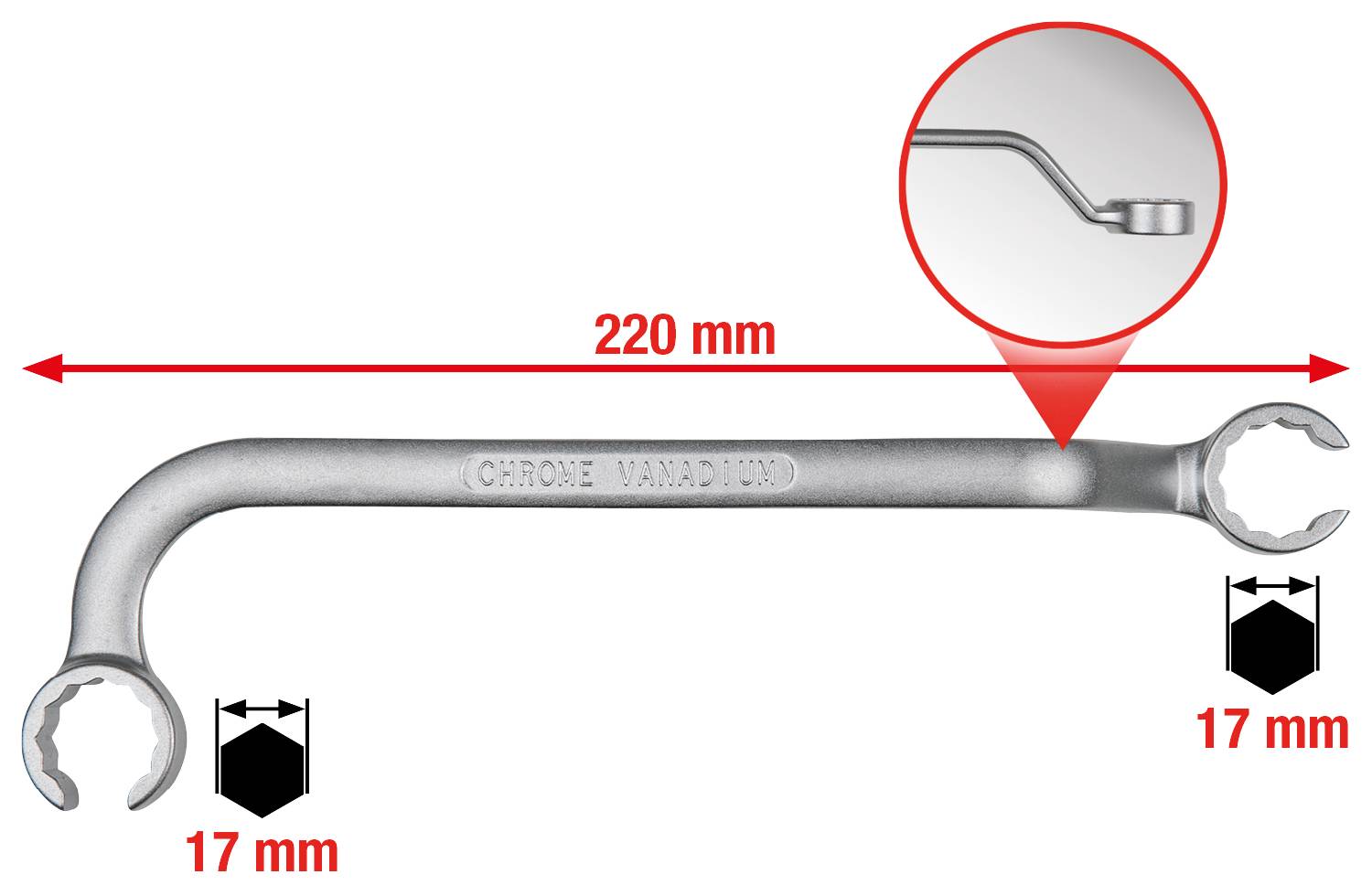 Gebogene Ringschlüssel aus Chrom, 220 mm Länge, mit 17 mm Ringgröße. Nahansicht zeigt Ringdetail.