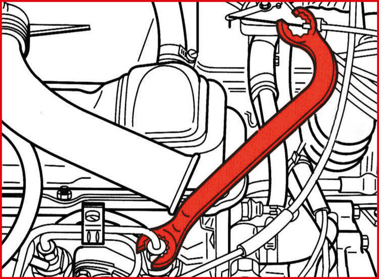 Eine rote Leitung führt von einem Punkt im Motorraum zu einem anderen. Die Leitung ist hervorgehoben und deutet auf eine wichtige Verbindung hin.