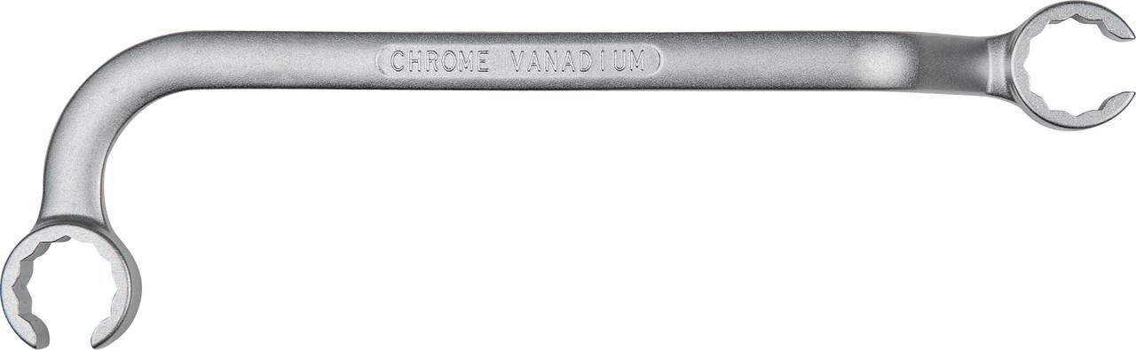 Ein gebogener Ringmaulschlüssel mit der Aufschrift 'CHROME VANADIUM', geeignet zum Festziehen oder Lösen von Muttern und Schrauben.