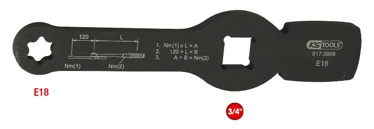 Schwarz beschichteter Drehmomentschlüssel mit Markierungen und Skalen auf der Oberfläche. Beschriftet mit 'E18' und '3/4'.
