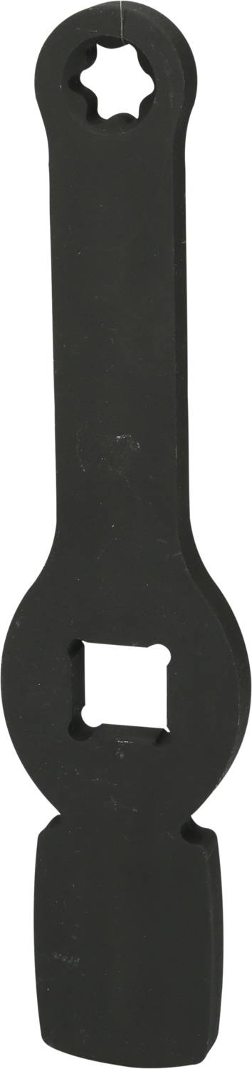 Ein schwarzes Werkzeug, das wie ein Vielzahnschlüssel geformt ist, mit einem rechteckigen Loch in der Mitte und einer sternförmigen Öffnung oben.