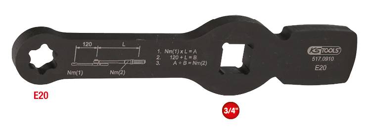 Schwarzer Winkelschlüssel mit einer Skala und Markierungen für die verschiedenen Nm-Stufen. Beschriftet mit 'E20' und '3/4"'.
